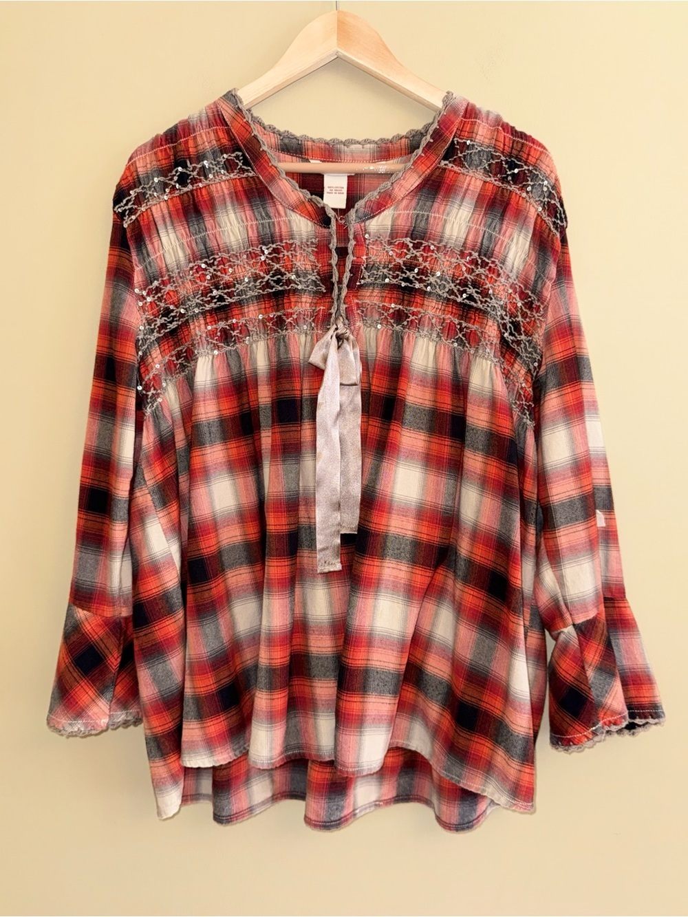 Sundance Bell Sleeve Orange Flannel Embroidered Sz XL Tie Neck Countrycore boho